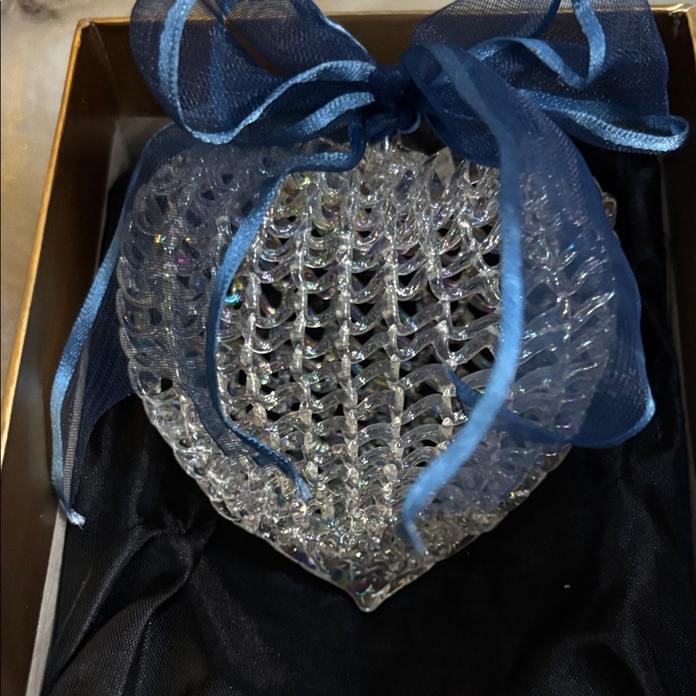 Crystal Heart Ornament with Blue Ribbon